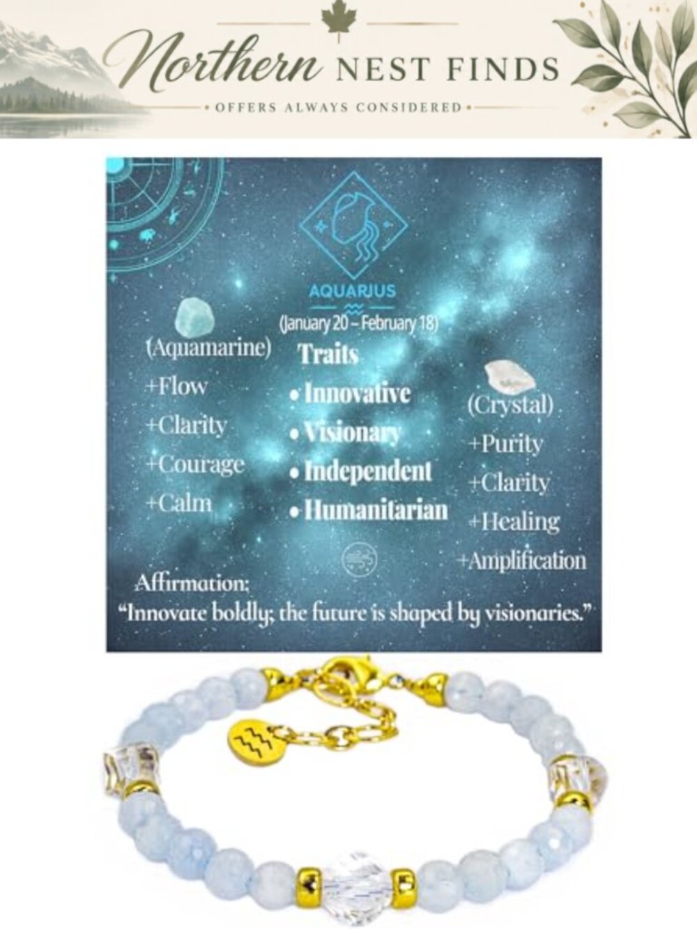 Aquarius Zodiac Bracelet Handmade Faceted Aquamarine Clear Quartz Gold Plated